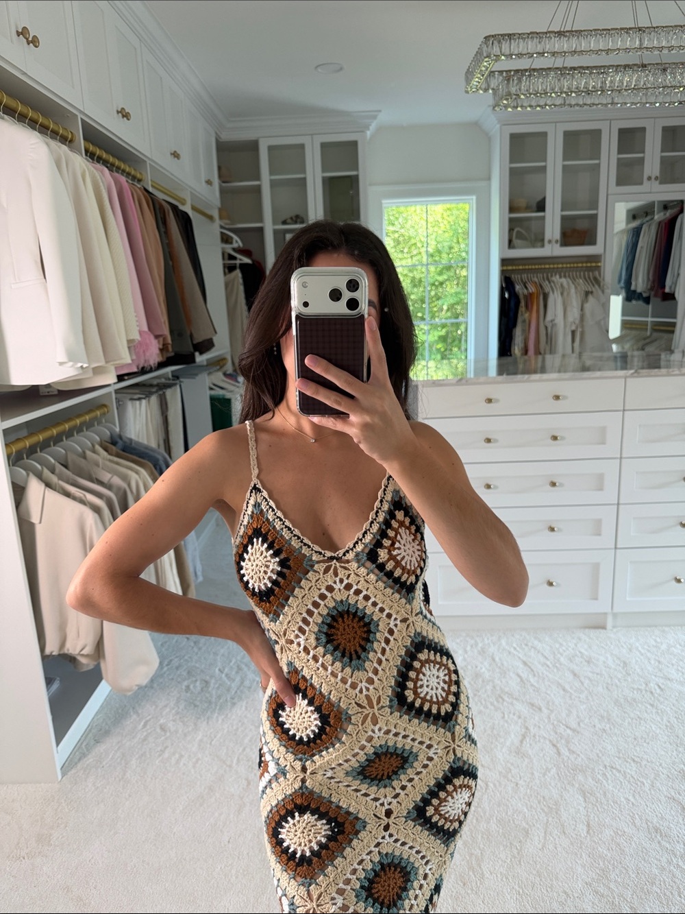 Crochet Diamond-Pattern Maxi Dress in Black & Cream - Picture 3 of 7